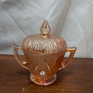 Iridescent Carnival Glass Covered Sugar Bowl - Amber Pink